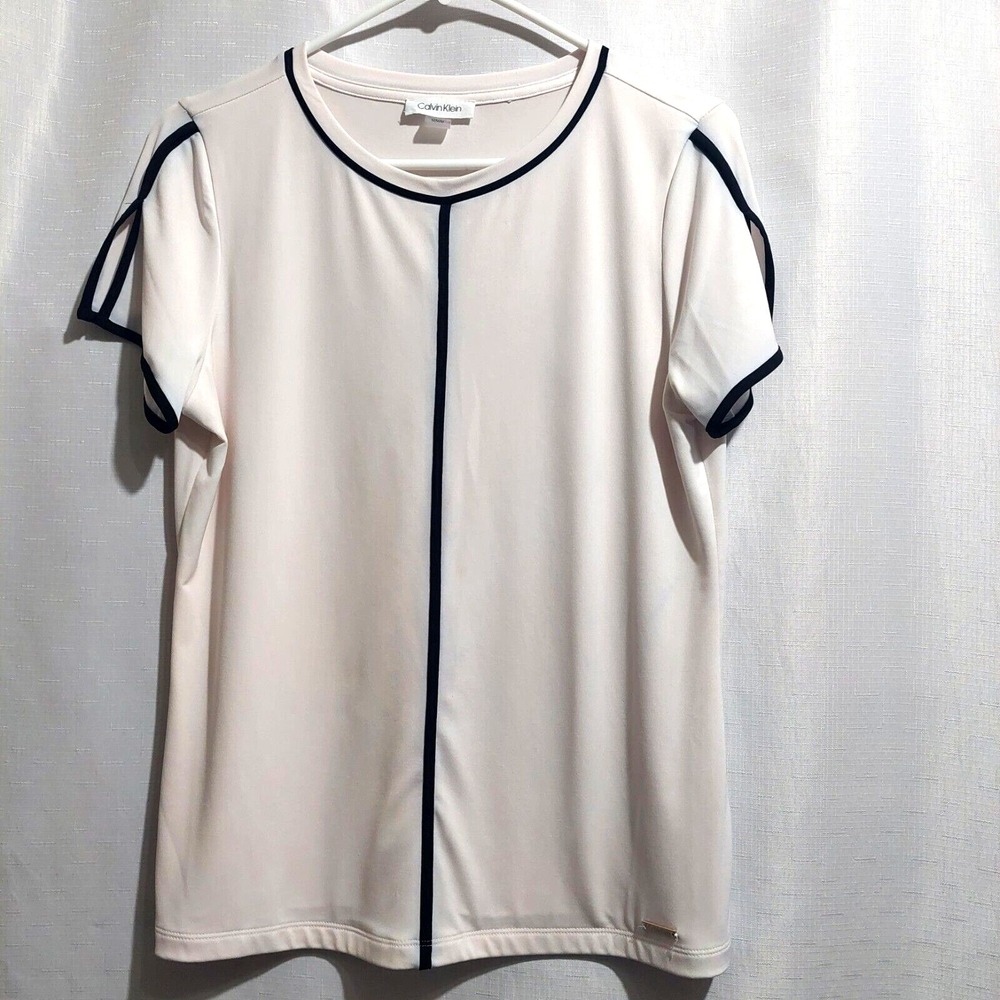 Calvin Klein Womens Medium Blush Blouse Stretch Short Slit Sleeves Black Trim